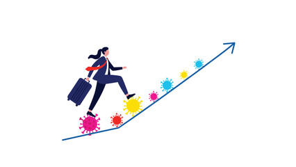 Fototapeta premium Businesswoman with a suitcase climbing an upward line graph using virus particles as stairs to represent growth during crisis.