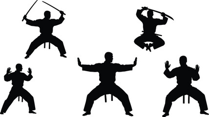 Martial arts warrior silhouette set, karate and samurai fighter poses with swords, combat training illustration isolated on white background © Ayesha