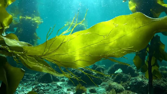 Swaying kelp dances in underwater light. Seaweed flows over rocky seabed. Sunlight filters through ocean water. Marine algae blanket kelp forest and reef. Calm ocean scene shows underwater movement.