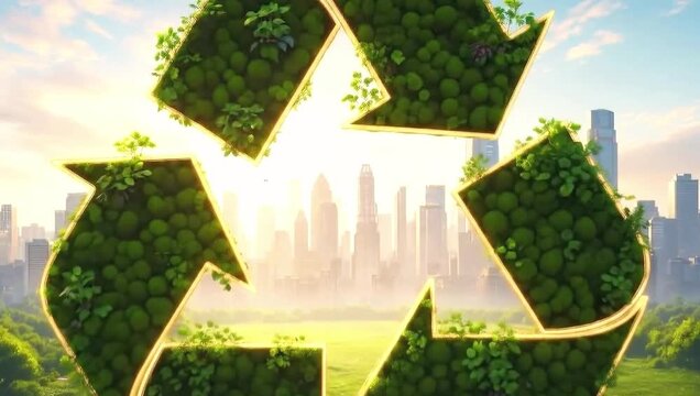 Eco friendly recycling symbol made of green plants in a city park at sunrise