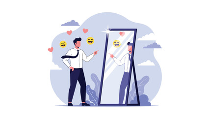 Confident businessman looking at his reflection in a full-length mirror while surrounded by heart and happy face emojis showing self-love.