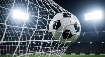 Naklejka premium Soccer ball in goal net under stadium lights