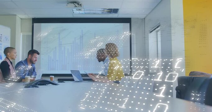 Host entering placing tablet, Biz team turning, reading chart as data overlay sweeping table or scre