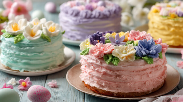 A beautifully decorated table with colorful cakes and flowers for a festive celebration or special occasion