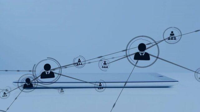 Tablet network starting with node appearing, line shooting, avatars connecting, visualizing collab