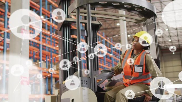 Woman operating forklift scanning racks, activating network nodes, monitoring inventory operations