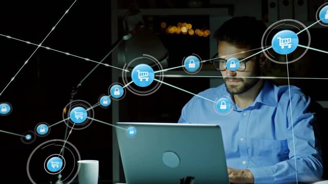 Man typing laptop, causing blue cart lock nodes passing around him, monitoring ecom security