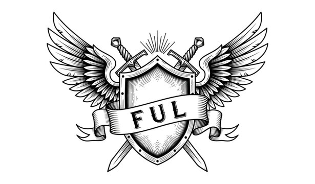 A black and white vector graphic of a shield with wings and swords