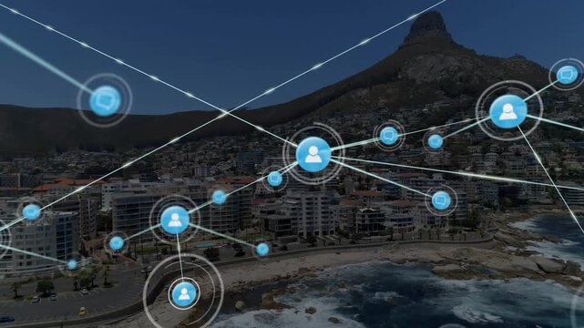 Network overlay starting from central blue node, expanding nodes and linking, showing coastal links