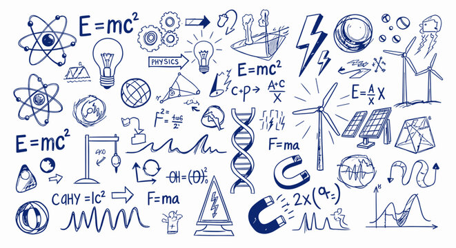 Collection of scientific formulas equations and symbols representing physics and chemistry concepts with hand drawn illustrations and diagrams on white background