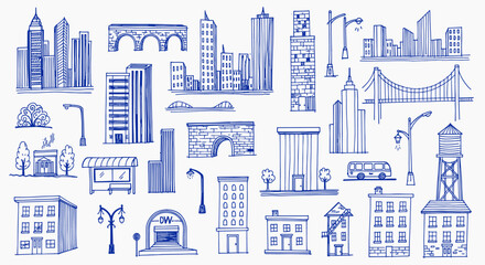 Fototapeta premium Collection of Hand Drawn City Buildings and Architectural Elements in Blue Ink on White Background