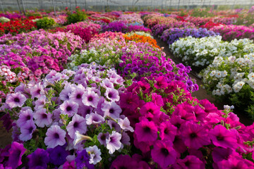 Fototapeta premium A vibrant display of multicolored petunias arranged in a greenhouse garden setting with various blooms