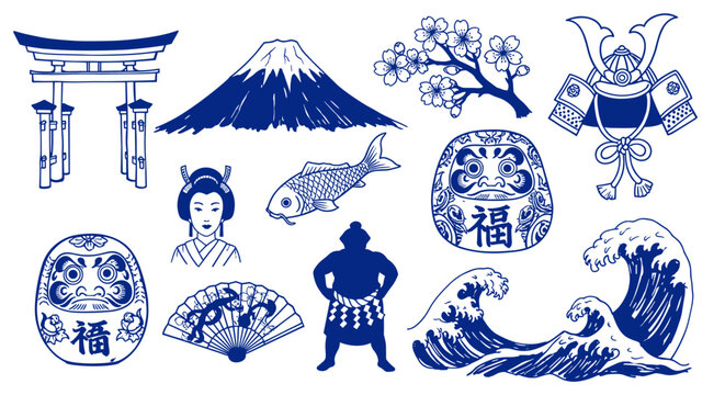 Traditional Japanese cultural symbols and icons collection including Mount Fuji cherry blossoms geisha sumo wrestler daruma doll and torii gate