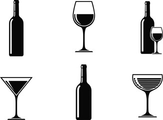 Wine bottle and glass silhouette collection, alcohol beverage icons set isolated on white background vector illustration