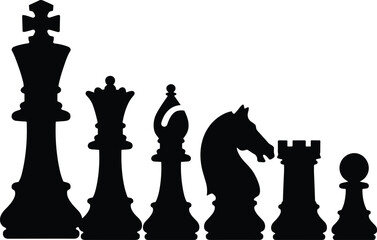 Chess pieces silhouette set isolated on white background strategy leadership game concept black vector illustration © Nupoor's World