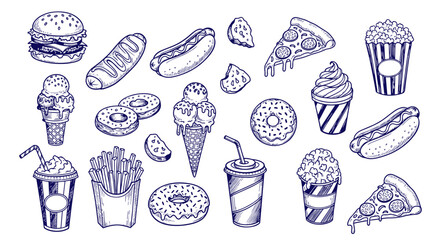 Naklejka na ściany i meble Hand drawn sketch collection of popular fast food and sweet treats including burgers pizza hot dogs ice cream donuts and popcorn on a white background