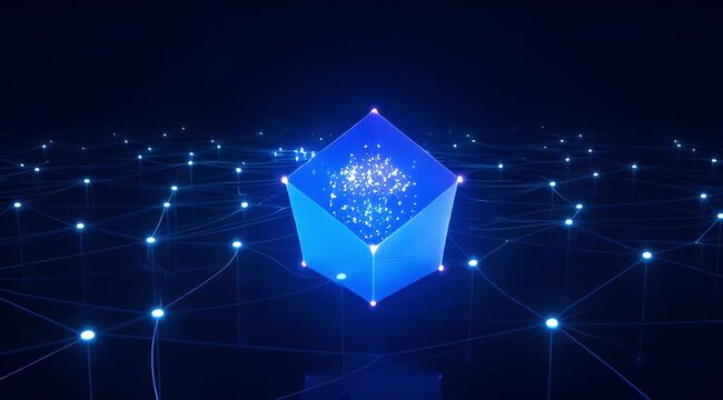 Abstract Technology Network with Central Blue Cube and Glowing Connections