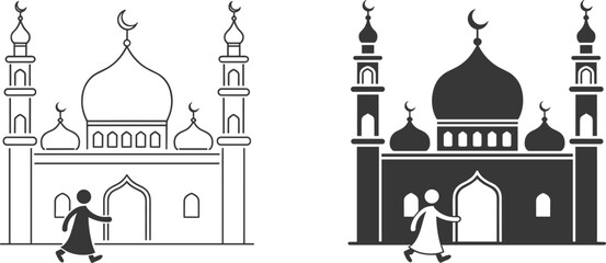 Islamic mosque architecture with a person walking towards the entrance in both outline and silhouette styles © Sarjia Worlds