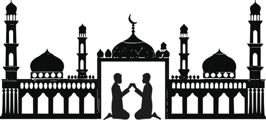 Silhouette of a grand mosque with minarets and domes framing two figures kneeling and holding hands in prayer or supplication © Sarjia Worlds