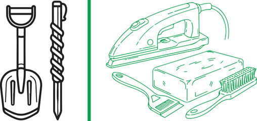 Vector line art set featuring a black outline of an avalanche shovel and probe alongside a green illustration of a ski waxing iron, brush, and wax block. Professional ski maintenance and safety gear. © Muhammad