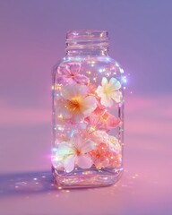 Glowing Flowers in Glass Jar with Cork on Gradient Background