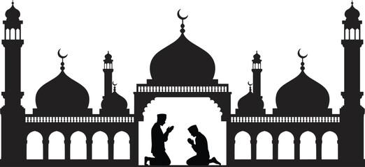Silhouette of two men praying in front of a mosque with domes and minarets a symbol of Islamic faith and devotion © Sarjia Worlds
