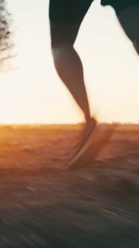 Fitness, sunset and legs on sand with running, cardio or stamina exercise in physical activity. Training, flare or male person outdoor with jog, sports hobby or endurance workout in summer evening.