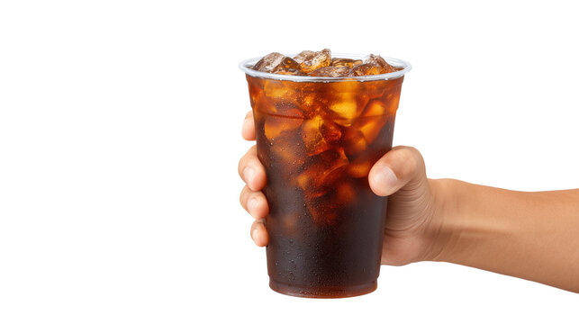 Isolate transparent with cup of Iced Americano iced and straw, Americano in takeaway cup held by extended arm, iced Americano coffee lifestyle concept for professional PNG die-cut for advertising 
