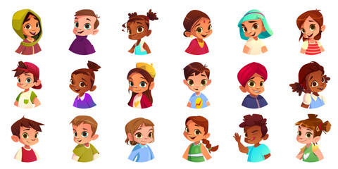 Naklejka premium Kid avatar icon set of cartoon diverse faces with happy expressions. Cute multiracial child portraits for boy and girl characters. Cheerful toddler head illustrations with unique hairstyles.