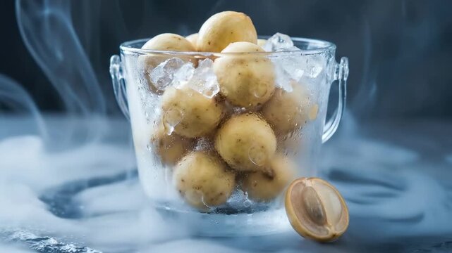 A glass bowl filled with langsat fruits, shrouded in mysterious, swirling vapor, creating an intriguing contrast between the earthy texture of the potatoes and the ethereal mist