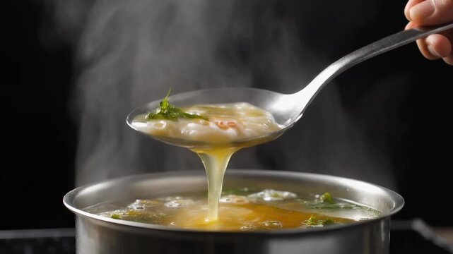 Metal ladle lifting thick steaming bone broth from a stainless steel pot, close up