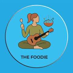 Flat Vector Illustration of a Woman Sitting Cross-Legged Playing Guitar and Cooking, The Foodie Concept