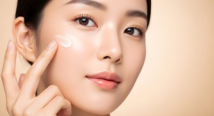 Obraz premium Asian Woman Applying Face Cream Gentle Touch Flawless Skin Natural Glow Skincare Beauty Portrait