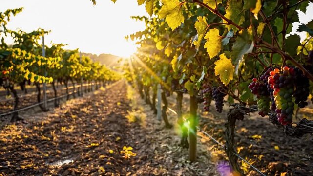 Vineyard rows with grapes illuminated by the morning sunlight and golden rays during the harvest season