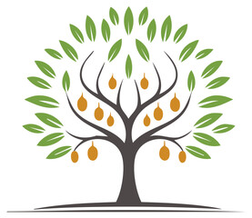 Fototapeta premium Minimalist vector illustration of a fruit tree with vibrant green leaves and numerous stylized orange fruits.