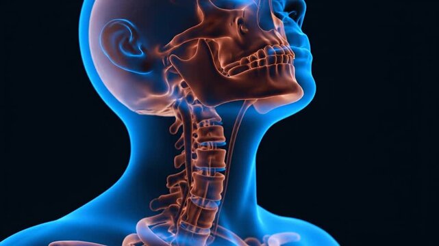 Detailed 3D medical illustration of human skull and neck bones visible through translucent blue skin, viewed from the side