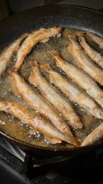 A pan of fish is frying on a stove