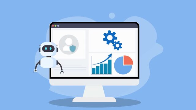 Animated flat vector of an AI analytics dashboard on a desktop monitor with charts, profile interface icon, and a friendly robot assistant, representing automation and data technology.