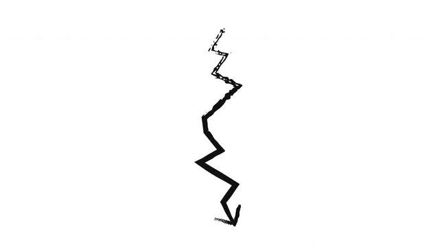 Zigzagging broken arrow pointing downward grunge doodle animation. Sharp angular turns. Lightning bolt. Animated hand drawn pointer. Dynamic sketchy rough direction. Distressed ink motion overlay