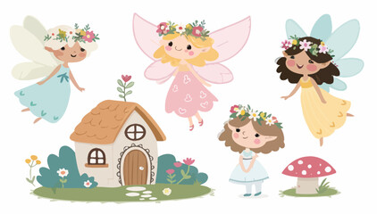 Obraz premium Whimsical fairies in magical garden with tiny house