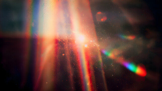 An overlay effect of light leaks with scratch dust and blurred red light. A retro film texture with flared ray lenses on black backgrounds. Abstract backgrounds with colorful glowing light. Grunge old