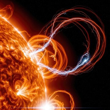 Dramatic Solar Flare Erupting, Magnetic Loops Radiating, Red-Orange Plasma Stream, Space Weather Phenomenon, Astrophysical Event, Cosmic Ray Emission