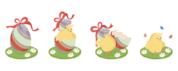 Fototapeta premium Cute little yellow chick with Easter eggs collection and bow. Animal cartoon character. Isometric flat vector illustration on white background.