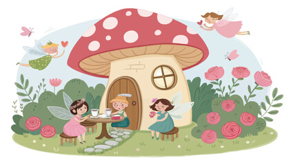 Obraz premium Whimsical fairies enjoying tea in magical mushroom house garden