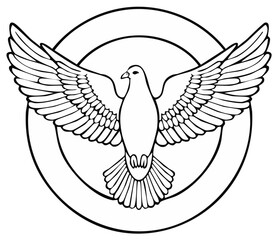 Obraz premium Dove flying with wings spread inside the circle line art vector illustration