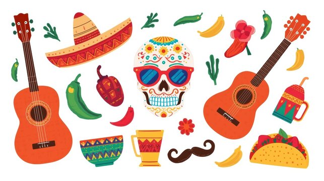 Vibrant mexican-themed illustrations featuring musical instruments, food, and accessories
