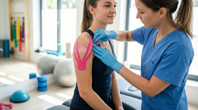 Professional physiotherapist applying kinesiology tape to young woman's shoulder during rehabilitation session in modern clinic