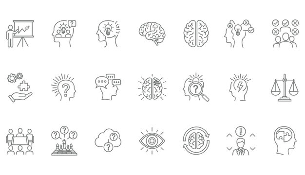 Critical thinking web icons in line style. Facts, think, analyzing, problem-solving, rational, decision making, collection. 