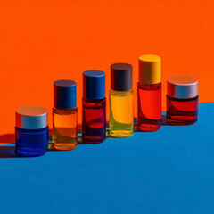 Obraz premium Vibrant travel size cosmetic glass bottles and jars mockup on bright orange and blue background, colorful beauty product packaging for summer vacation and bold skincare branding concept