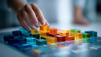 Fototapeta premium A person's hand placing a colorful block on a vibrant grid of blocks